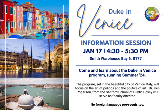 This promotional graphic features a collage of pictures of Venice on the left and on the right is text announcing the Information Session will take place on January 17 from 4:30 pm to 5:30 pm
